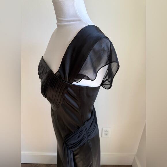 ABS ALLEN SCHWARTZ BLACK SILKY ONE SHOULDER PLEATED BODICE GOWN SIZE 4 - Picture 3 of 7